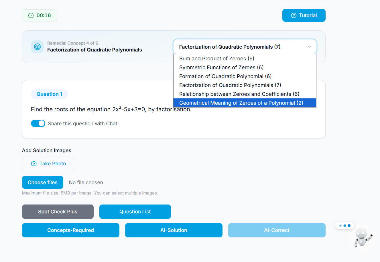 A remedial worksheet in progress — concept selector, question, photo upload of the solution, Spot Check Plus and AI-Correct